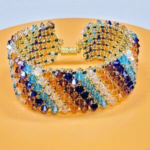 Colorful Crystal Cuff Bracelet – Handwoven Glass Bead Statement Jewelry
